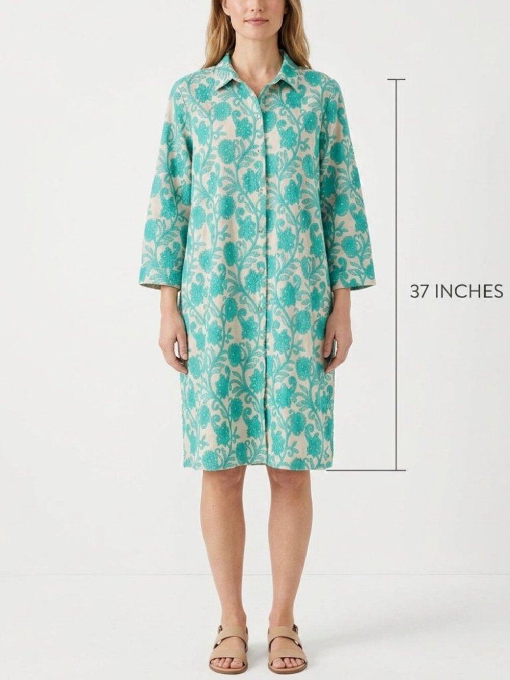 J.JILL Turquoise Floral Embroidered Cotton Shirt Dress Size M